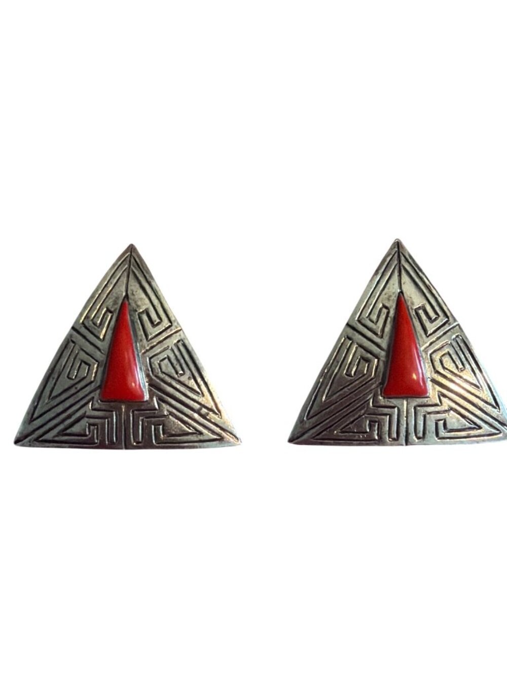 Vintage Triangular Silver Tone Earrings Red Enamel Center Geometric Tribal 1.25"